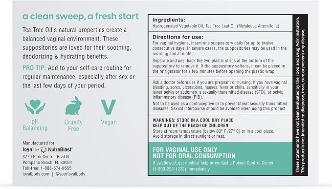 Loyal Tea Tree Oil Vaginal Suppository Melts - Supports Odor Control - Soothes Discomfort - Promotes Healthy Intimate Balance - Hydrates Flora (12 Count)