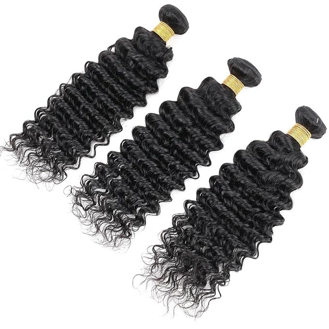 Human Hair Bundles Brazilian Deep Wave Human Hair 3 Bundles Weaves 16 18 20inch 100% Unprocessed Virgin Human Hair Curly Water Wave Wet and Wavy Weave Raw Bundles Deals Natural Black
