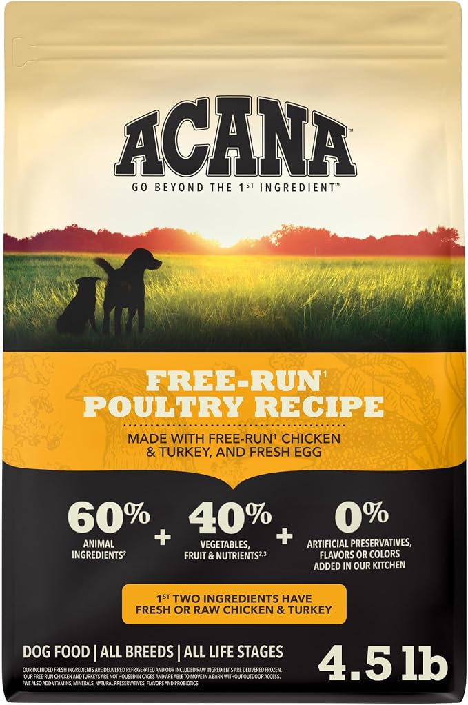 ACANA Grain Free Dry Dog Food Free Run Poultry Recipe 4.5lb Bag | Grain Free, High Protein, Made in the USA, Includes Probiotics, Omega-3 Fatty Acids, Free-Run Poultry