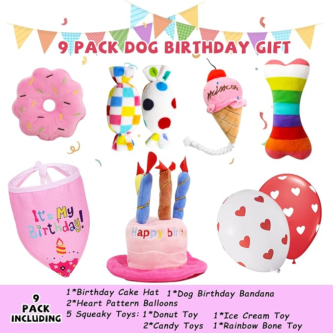 lilfrd 9Pcs Pink Dog Birthday Toy Set, Squeaky Hat Bandana Gift for Dogs