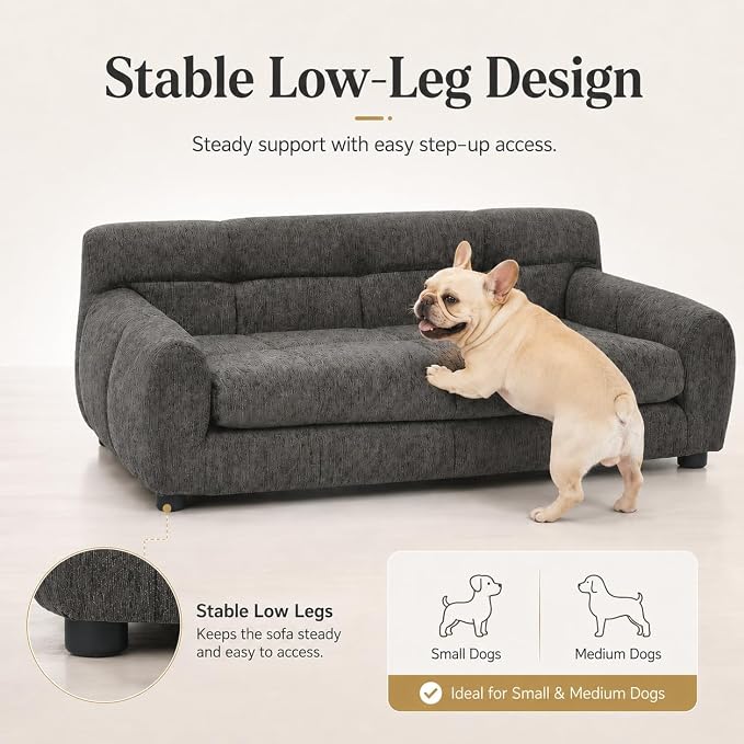 38"x22"Dog Sofa for Small & Medium Dogs | Removable Cushion Cover | Stable Low-Leg Frame | Breathable Linen Fabric | Armrest & Backrest | Easy to Clean | Dark Gray