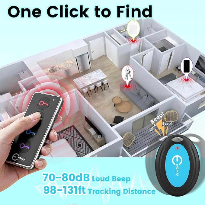 Esky Key Finder Locator with 80dB Noise Sound Item Trackers 4 Receivers | Wireless Key Finders with 131ft Range Beeper Tags & Flashlight for Finding Keys Wallet Remote Control Pet Phone