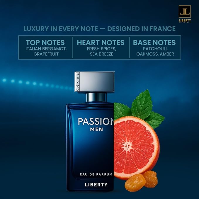 Liberty Luxury Passion Eau De Parfum for Men, Long Lasting Bold Spicy Scent Designed in France, Masculine Cologne That Draws Compliments, Perfume for mens, men's fragrances, Gift for Him 100ml 3.4Oz