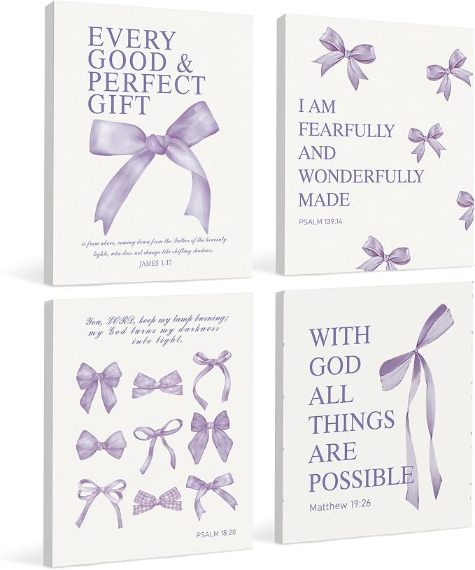 LARTSFRO Coquette Purple Bow Canvas Wall Art Decor Prints Posters, Purple Bow Room Bedroom Bathroom Dorm Wall Art Decor Aesthetic for College Teen Girls Gifts, Inspirational Bible Verses Bow Wall Decor, 11x14 Inch Set of 4 Pcs Bow Pictures (Canvas Fram...