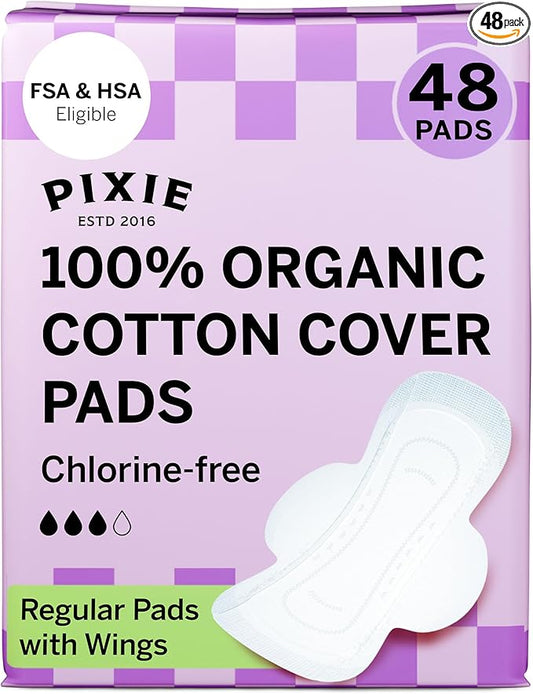 Pixie Organic Cotton Ultra Thin Pads with Wings for Women - Leak-Proof & Moisture-Wicking for Feminine Care - Compostable, Unscented Menstrual Pads - Regular Absorbency - FSA Eligible - 48 Count