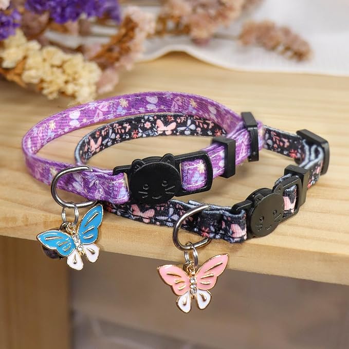 Cat Collar Breakaway, 2 Pack Cotton Kitten Collars with Bells and Removable Charms, Cute Butterfly Shaped for Indoor Boy, Girl and Adult Cats