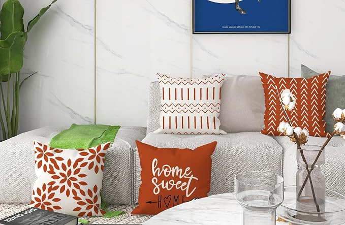 YCOLL Burnt Orange Linen Pillow Covers 16x16 Set of 4, Home Sweet Home Farmhouse Throw Pillow Covers, Holiday Decorative Cushion Covers for Sofa Couch Bed, Autumn Burnt Orangeic Fall Decor