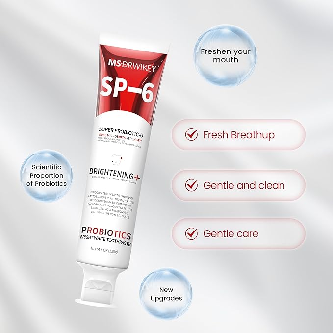 MSDRWIKEY SP-6 Probiotic Whitening Toothpaste - Enhanced Formula with 6 Probiotics and Gum Health - Enamel-Safe, Fluoride-Free, Fresh Mint Flavor, 4.6oz (1)