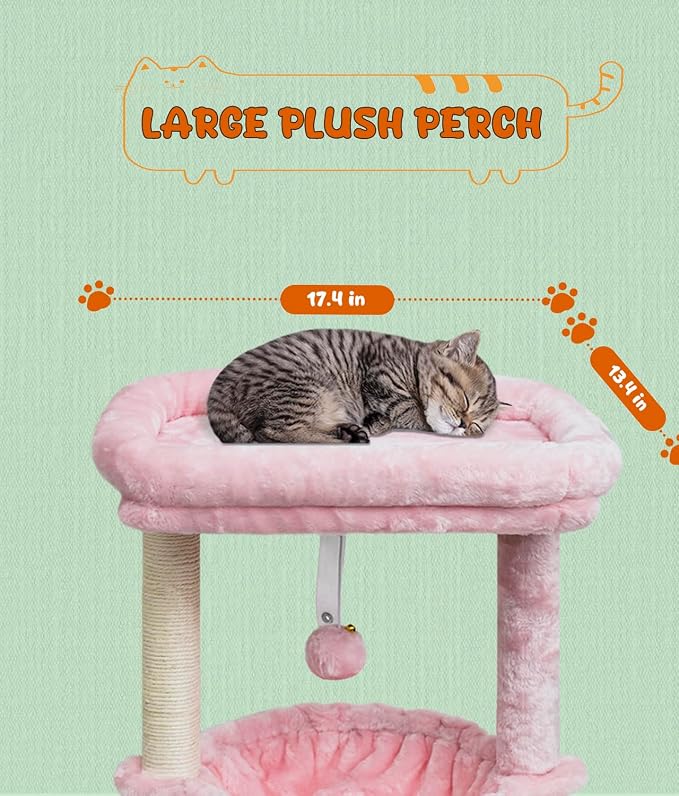 SYANDLVY Small Pink Cat Tree for Indoor Cats, Activity Tower for Kittens | Scratching Post, Modern Cat Furniture with Basket & Hanging Ball for Play Rest, Pink