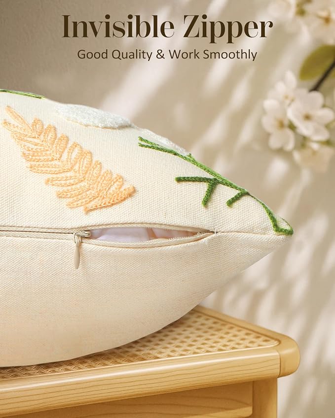 Embroidered Throw Pillow Cover - 20x20 Decorative Pillow Cover with Zipper Aesthetic Cute Design Boho Spring Summer Cozy Throw Pillowcase for Living Room Couch Sofa Bed, Daisy