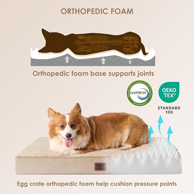 EHEYCIGA Orthopedic Dog Bed Large with Removable Washable Cover, 35IN Khaki | Egg Crate Foam Support, Durable Oxford fabric, Non-Slip Bottom, Machine Washable, Soft Waterproof Plush Pet Bed Mat For Crate