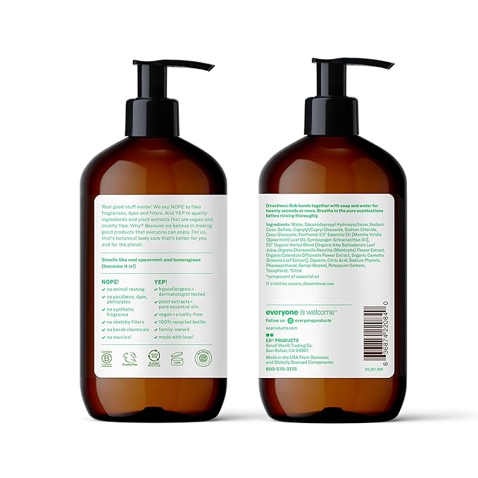 Everyone Liquid Hand Soap,12.75 Ounce,Spearmint and Lemongrass,Plant-Based Cleanser with Pure Essential Oils,(Pack of 6)