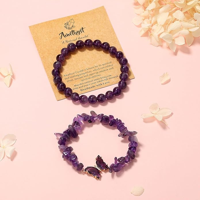 DUQGUHO 2Pcs Butterfly Bracelets for Women Healing Crystals Bracelets for Women Natural Gemstone Bead Bracelet Cute Butterfly Charm Bracelet Stretch 8mm Crystal Jewelry Gifts for Women