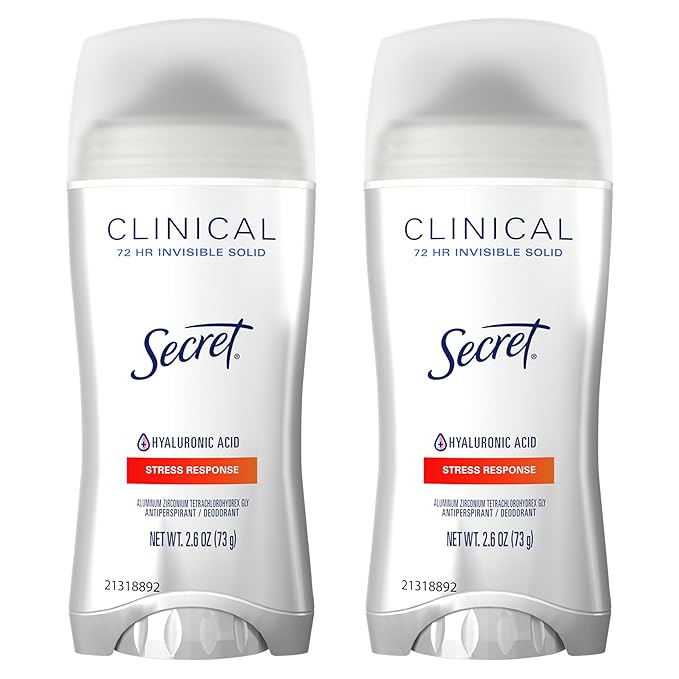 Secret Clinical Strength Antiperspirant Deodorant for Women, Stress Response, 3X Stress, 72hr Sweat & Odor, PH Balancing Minerals, Invisible Solid, 2.6 oz (Pack of 2)