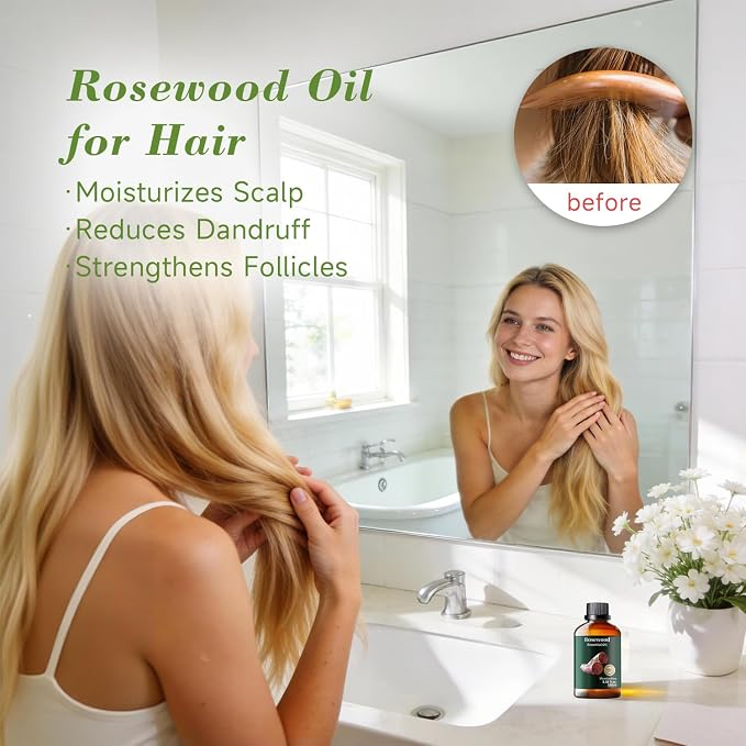 Rosewood Essential Oil, Woody Scent, Diffuser, Skin & Hair, 3.38 Fl Oz | Mumianhua Rosewood Oil,Soft, Woody Aroma. For Outdoor Spray, Skin, Hair, Massage & Candle Making