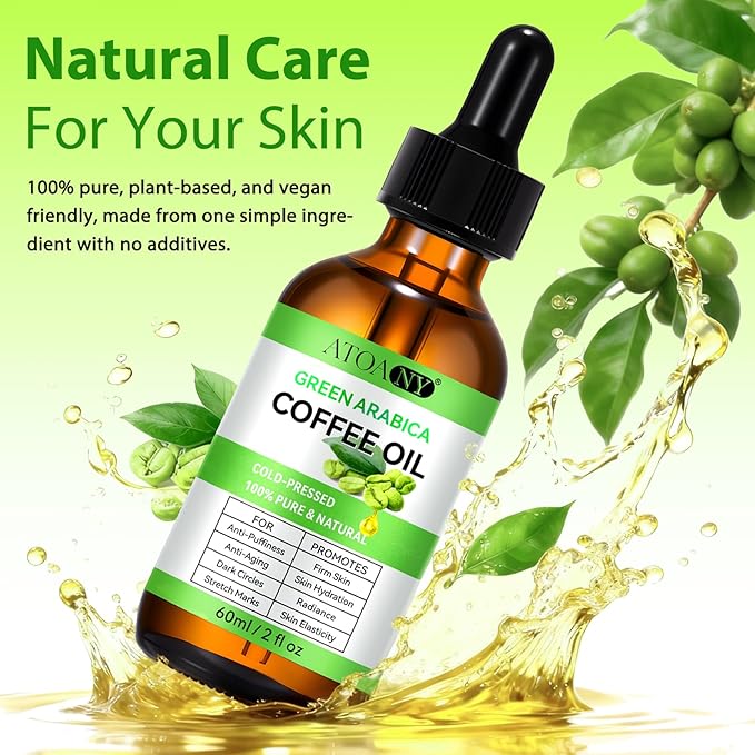 Coffee Essential Oil, Coffee Oil for Skin, Green Coffee Bean Oil for Face & Hair Growth, Cellulite, Reduces Puffiness, Dark Circles, Stretch Marks, Skin Tightening, Cold-Pressed, 4 Fl Oz