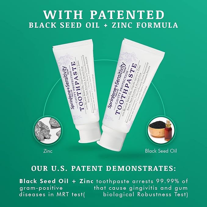 SprinJene Natural Sensitivity Relief Toothpaste – Fluoride Toothpaste for Sensitive Teeth & Cavity Protection – SLS Free with Patented Black Seed Oil & Zinc – Made in The USA (2 Pack)