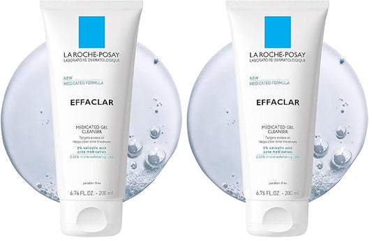 La Roche-Posay Effaclar Medicated Gel Cleanser,2% Salicylic Acid Cleanser + LHA + Glycerin,Foaming Acne Face Wash,Helps Clear & Prevent Acne Breakouts,Oil Free,Targets Excess Oil,(Pack of 2)