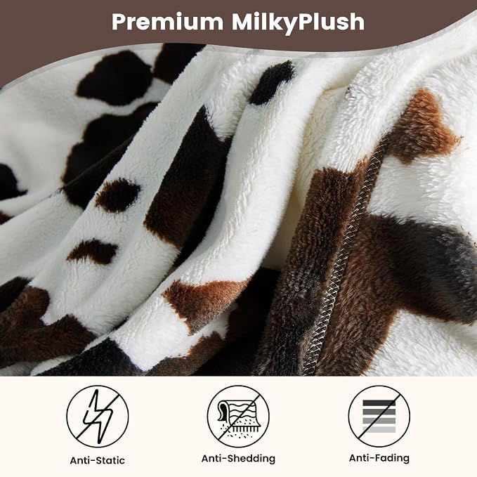 Cozy Bliss Cow Print Fuzzy Throw Blanket for Couch - Thick Soft Warm Non Shedding Fleece Blankets for Western Décor Room, for Kids, Women Men Girls, Black Brown 40"*50"