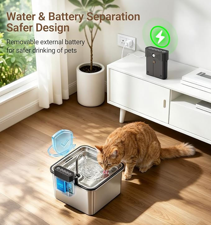 Wireless Cat Water Fountain, Water & Battery Separation, Faucet Design | PETALPAW Cat Fountain Stainless Steel, 4000mAh, 3.5L Cordless Pet Water Dispenser for Indoor Cats & Small Dogs, Silver