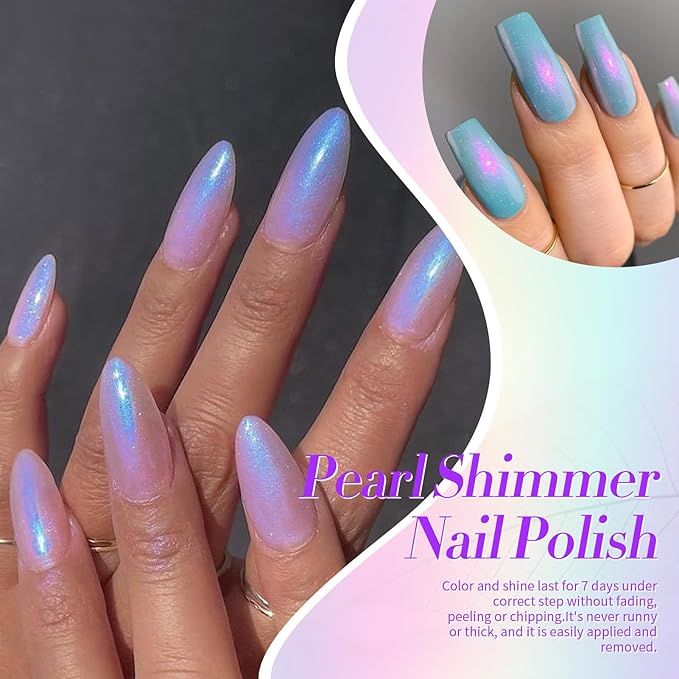 Born Pretty Pearl Nail Polish Set, 6 Colors Ombre Pearl Shimmer White Pink Purple Mermaid Nail Polish Quick Dry Spring Summer Finger Shell Glitter Nail Lacquer Set