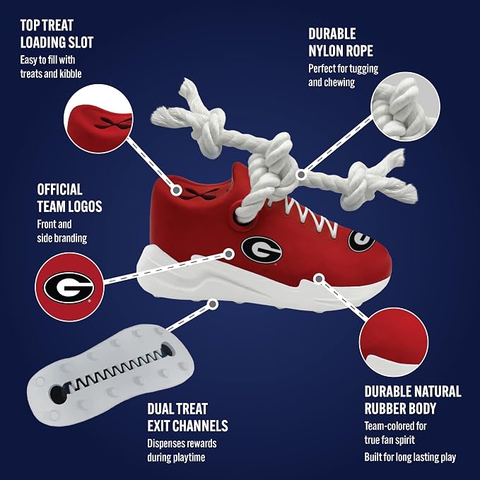 NCAA Georgia Bulldogs Cleat Sneaker Spike Dog Toy, Treat Dispenser Chew Toy for Dogs, Interactive Rope Tug Toy, Slow Feeder Natural Rubber Dog Toy with Official Team Logo for Puppies & Adult Dogs