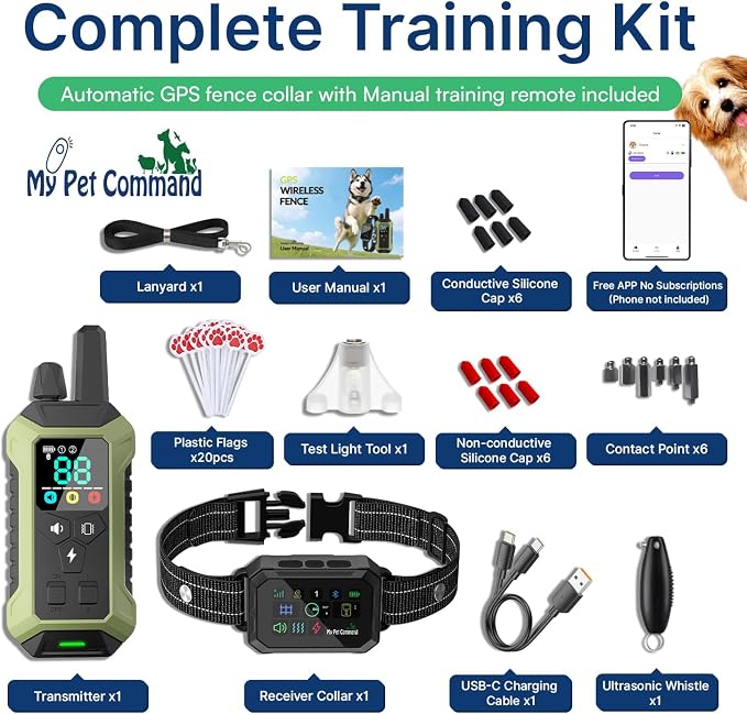 My Pet Command 2-1 Smart Wireless GPS Dog Fence with APP Setup 1 Collar Kit | No Subscriptions, 6-Sided or Circular Fences, Tone, Vibration, Static correction, Waterproof, Rechargeable, Remote Training