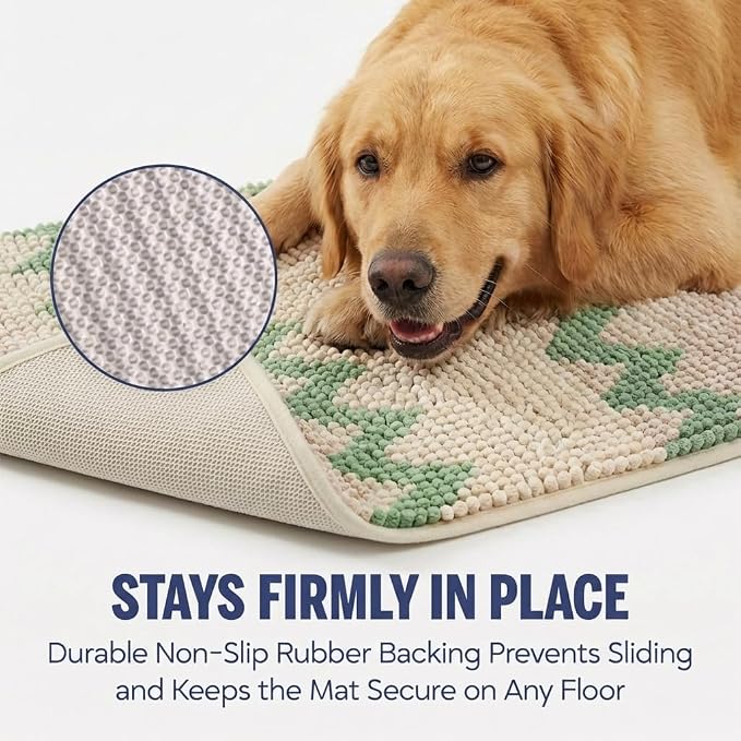 Muddy Mat® Super Absorbent Loop-Thread Chenille Dog Door Mat for Muddy Paws – Non-Slip, Machine Washable Indoor Entry Rug, Quick-Dry Pet Mat for Entryway – Green Chevron 19"x30"
