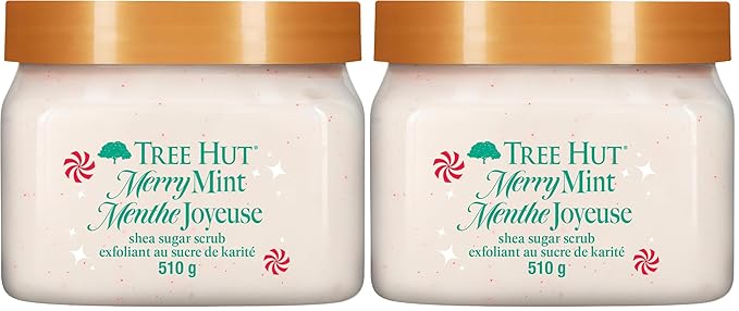 Tree Hut Merry Mint Shea Sugar Scrub, Exfoliating, Hydrating & Moisturizing Body Scrub with Shea Butter & Nourishing Essential Oils, Smooth & Soften Skin, Limited Edition Holiday, 18 oz (Pack of 2)