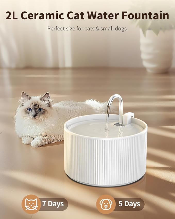 Wonder Creature Ceramic Cat Water Fountain 2.2L/74oz (White) | Quiet Pet Fountain with BPA-Free Ceramic Material, Triple Filtration System, Easy Cleaning Design for Cats and Dogs