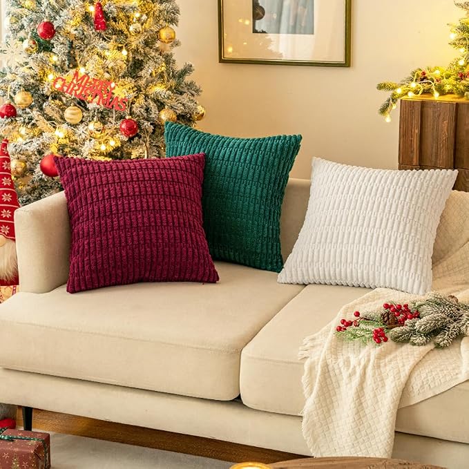 MIULEE Corduroy Decorative Throw Pillow Covers 20x20 Burgundy Pack of 2 | Soft Boho Striped Pillow Covers Modern Farmhouse Home Decor For Sofa Living Room Couch Bed