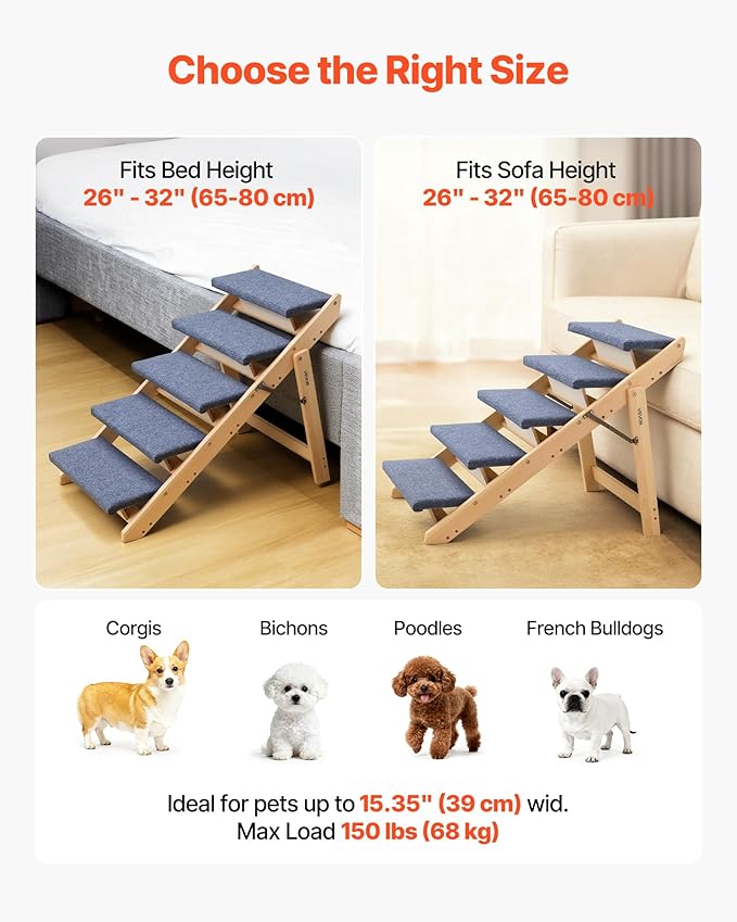 VEVOR Wood Pet Stairs, 5-Step Dog Stairs for Beds, Sofa & Cars, Floded Flat | For Small Medium Large Older Pet Puppy Essentials, 150lbs Load Capacity, Stable & Sturdy Cat & Dog Step Ladder, Non-Slip