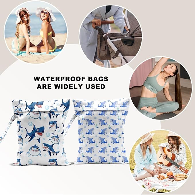 2 PCS Shark Travel Laundry Bags 12x10 Inch, Waterproof Reusable Wet Bag with Handle, Wet Dry Bag for Swimsuit Travel Beach Pool Diapers Dirty Yoga Gym Clothes Stroller Toiletries Daycare Organizer