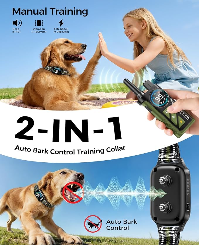 ROJECO 2-in-1 Dog Shock Collar & Bark Collar,Smart Anti-Barking for 2 Dogs | 3300FT Remote/IPX7 Waterproof/Beep,Vibration,Shock Modes/LED Light/TypeC Rechargeable/for Small Medium Large Dogs/Green,Black