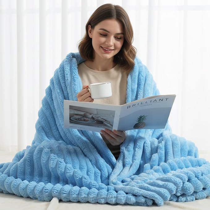 decorUhome Blue Fleece Queen Blanket 90x90 Inches | Soft Fleece Bed Cozy Fluffy Plush Flannel Large Striped Throws for Couch Sofa, Decorative Fuzzy Blanket for Woman
