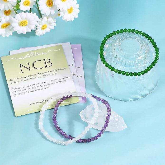 NCB 2.3-Piece 4mm Natural Crystal Gemstone Stretch Bracelets – Handmade Reiki Energy Healing Jewelry for Meditation,Yoga, Unisex