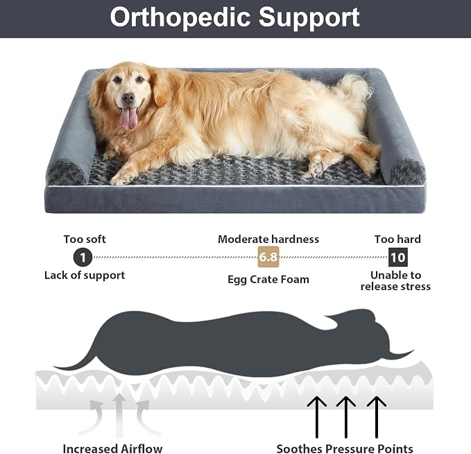 BFPETHOME Orthopedic Washable Large Dog Bed for Senior Dog Comfy Sleep | Waterproof Big Soft Pet Couch Bed for Dogs Relax with Removable Cover Supportive Egg Crate Foam Dark Grey 36x27 Inch