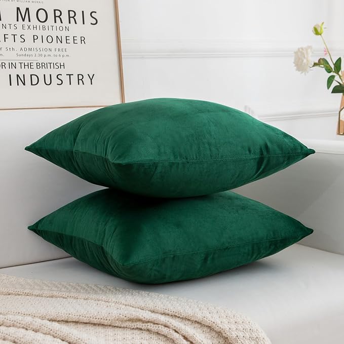 Velvet Decorative Throw Pillow Covers, Soft Square Cushion Case Home Decor for Living Room Couch Bed Sofa, Set of 2 Pack, Christmas Green, 18x18 Inch