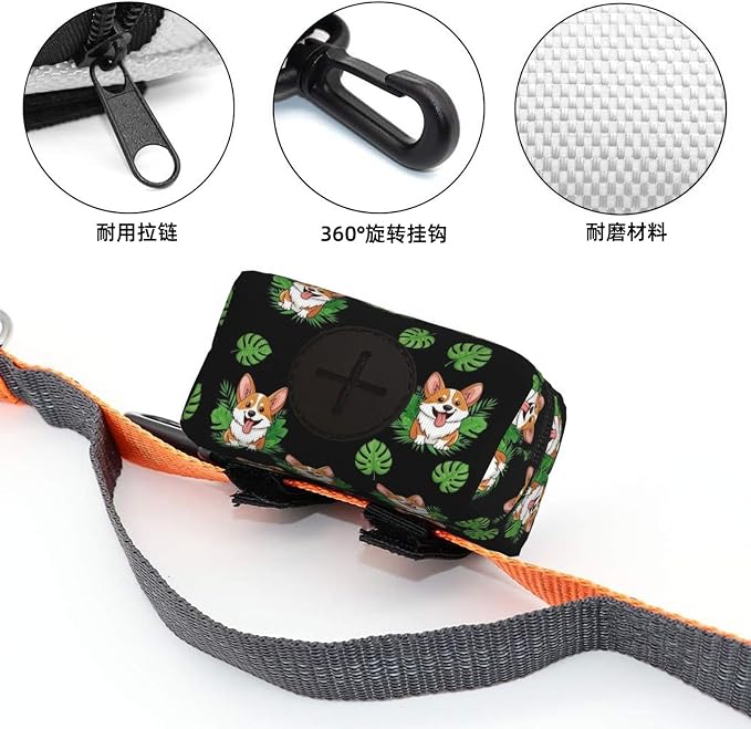 Cute Corgi Dog Tropical Leaves Peony Flowers Dog Poop Bag Holder for Walking, Hiking, Running And Traveling