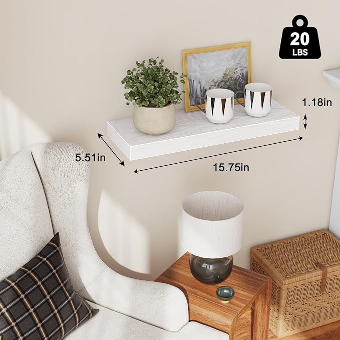 Fixwal Floating Shelves for Wall Decor (White, Set of 2, 15.7 Inch) | MDF Shelves with Metal Brackets, Space Saving for Books, Decor, Works in Bathroom, Kitchen, Living Room, Bedroom