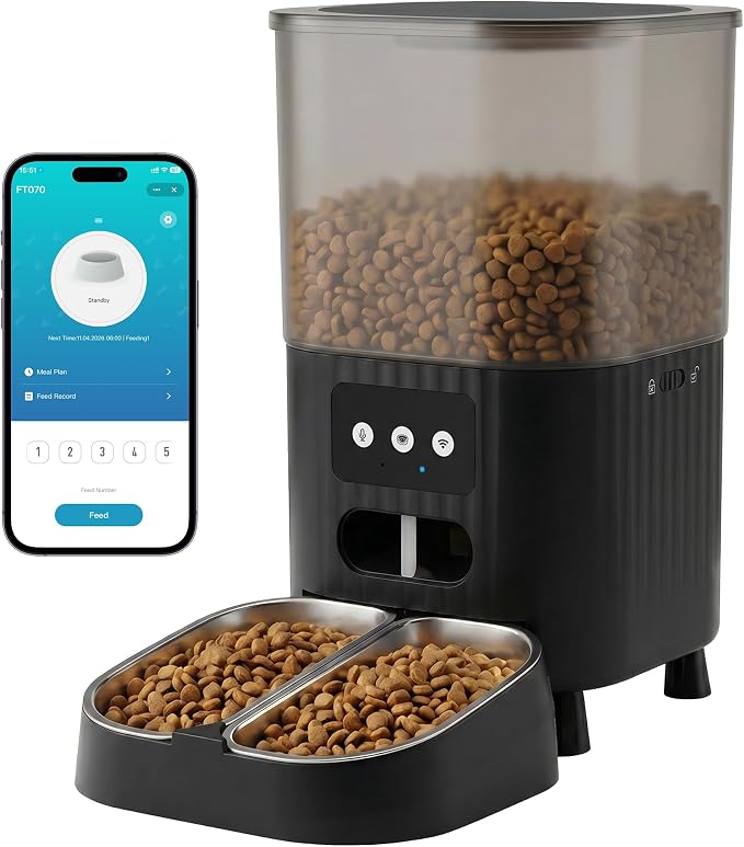 Automatic Cat Feeder, WiFi Cat Food Dispenser with App Control, Smart Dry Pet Food Feeder, 1–10 Meals Per Day, Voice Recording & Stainless Steel Dual-Bowl for Small Pets Indoor(4.5L, Black)