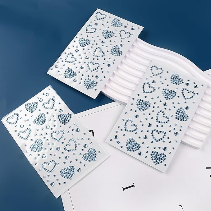 3Sheets Heart Gem Stickers Jewels for Crafts, Face Makeup - Self Adhesive Rhinestone Jewel Stickers, Stick on Gems Rhinestones for Crafts, Craft Supplies for Kids (04.Light Blue Heart)