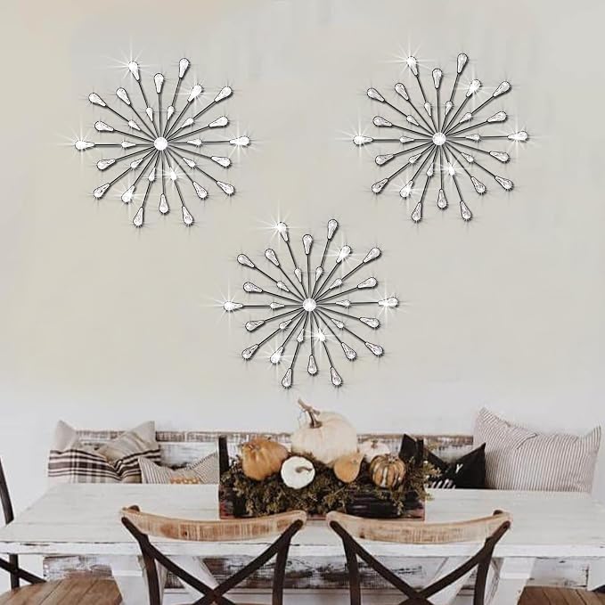 ZEXUIRU 3 Set Black Starburst Wall Art for Home Decor Metal Bling Crystal Rhinestones Sunburst Wall Decor Sparkling Rhinestone Art Accent Black - 18in