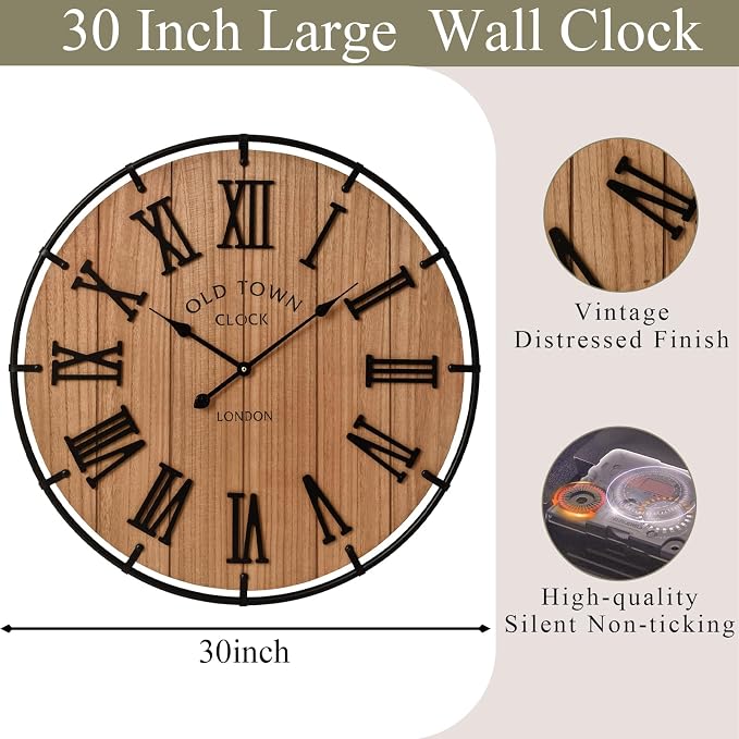 EMAX HOME Inch Large Farmhouse Wall Clock, 3D Raised Roman Numerals on Wooden Background, Silent Quartz Movement, Black Metal Frame for Easy Reading in Entryway, Hallway, or Dining Room