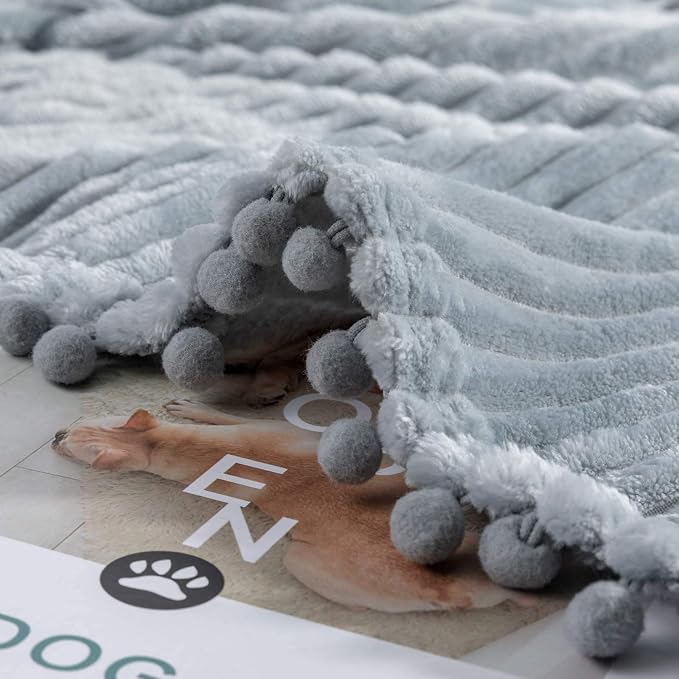 DISSA Fleece Blanket Queen Size – 71x80, Grey – Soft, Plush, Fluffy, Fuzzy, Warm, Cozy – Perfect Throw for Couch, Bed, Sofa - with Pompom Fringe - Flannel Blanket