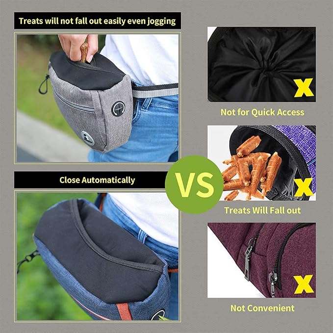 Pet Dog Treat Pouch Waist Bag, Auto Closing Waterproof Oxford Adjustable Training Belt Bags with Poop Bag Dispenser + Dog Collapsible Bowl for Dog Cat Running, Walking, Feeding (Grey)