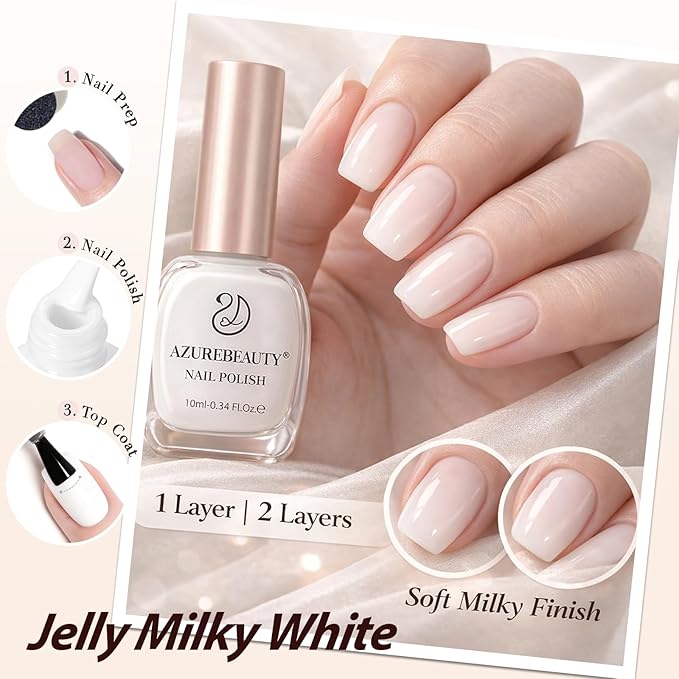 AZUREBEAUTY Milky White Translucent Nail Polish – Quick Dry, Long-Lasting, Natural Jelly Glossy Finish for DIY Manicure & Nail Art, Salon Quality for Women
