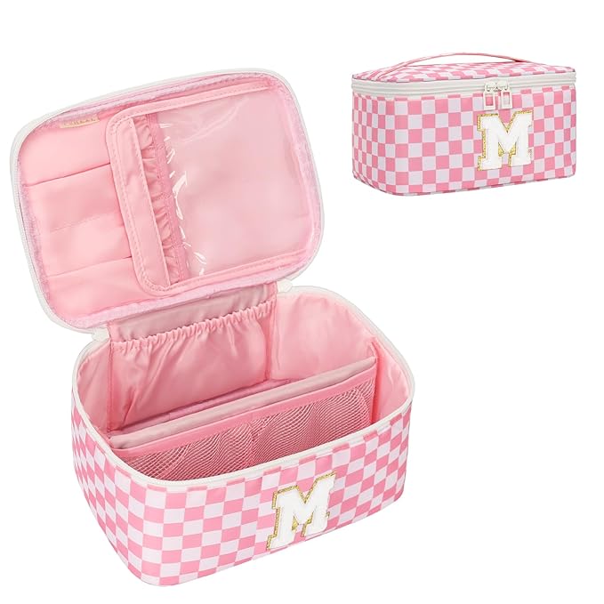 OCHEAL Makeup Bag Valentines Day Gifts for Women, Monogram Cosmetic Bag Pink Travel Makeup Case Beauty Toiletry Bag Organizer Personalized Gifts for Girls Bridesmaid, Sister, Wife, Friends Initial M