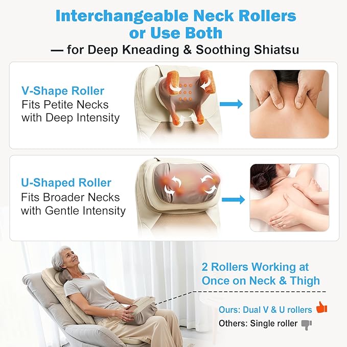 Shiatsu Massage Cushion with Heat for Neck and Back - 4D Kneading, Vibration and Dual-Neck Design, Adjustable Intensity and Height, Help with Muscle Stiffness, for Office Chair, Home, Beige