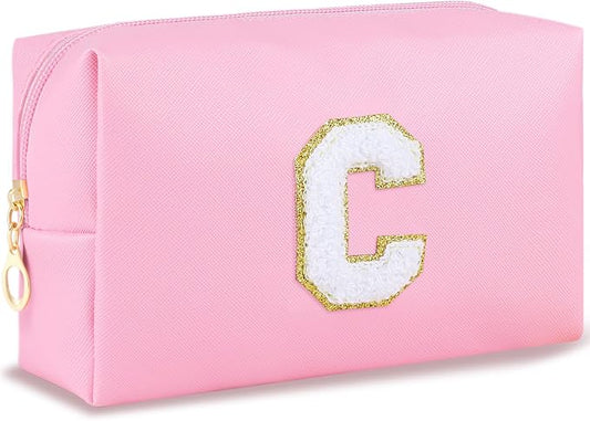URSKYTOUS Initial Makeup Bag Personalized Cosmetic Bag with Zipper Cute Travel Toiletry Bag PU Waterproof Makeup Pouch Monogrammed Birthday Gift for Women Preppy Stuff for Teen Girls (Pink C)